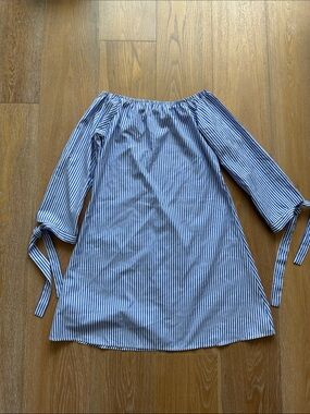 Highness Off-Shoulder Blue & White Striped Tie-Sleeve Dress
